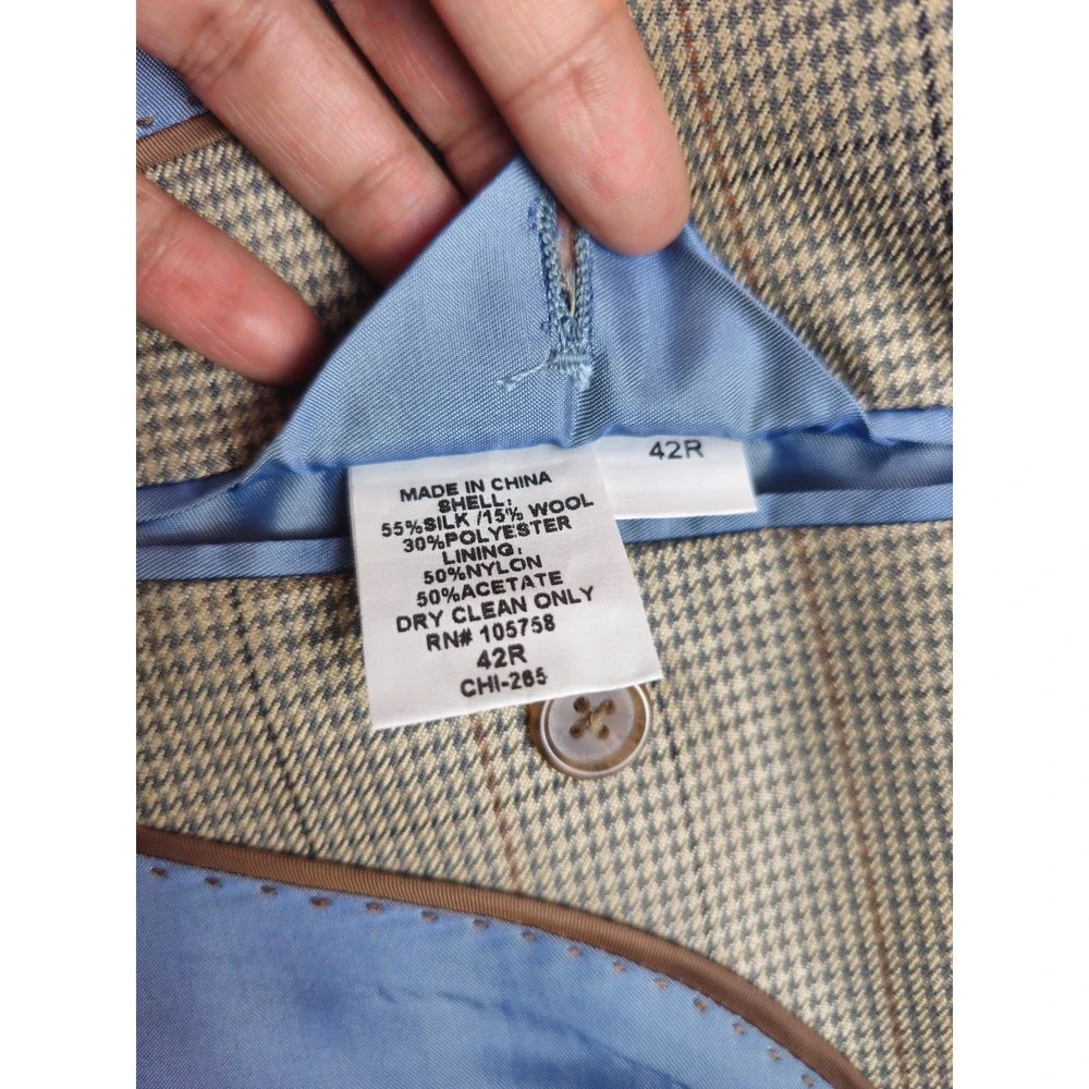 Alan Flusser Beige Houndstooth Plaid Windowpane Men 42R Blazer Sport Coat Jacket